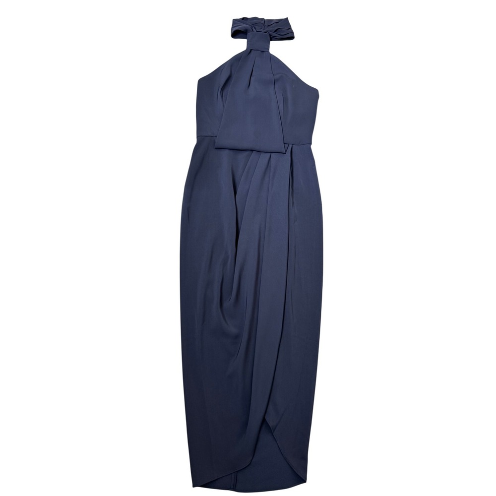 Shona Joy Navy Blue Halter Knotted Tulip Midi Dress Size 2 Wedding Guest Formal